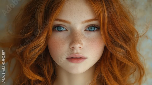 young girl with vibrant red hair and striking blue eyes, framed by a soft, dreamy background, capturing her unique charm and youthful spirit in an enchanting portrait