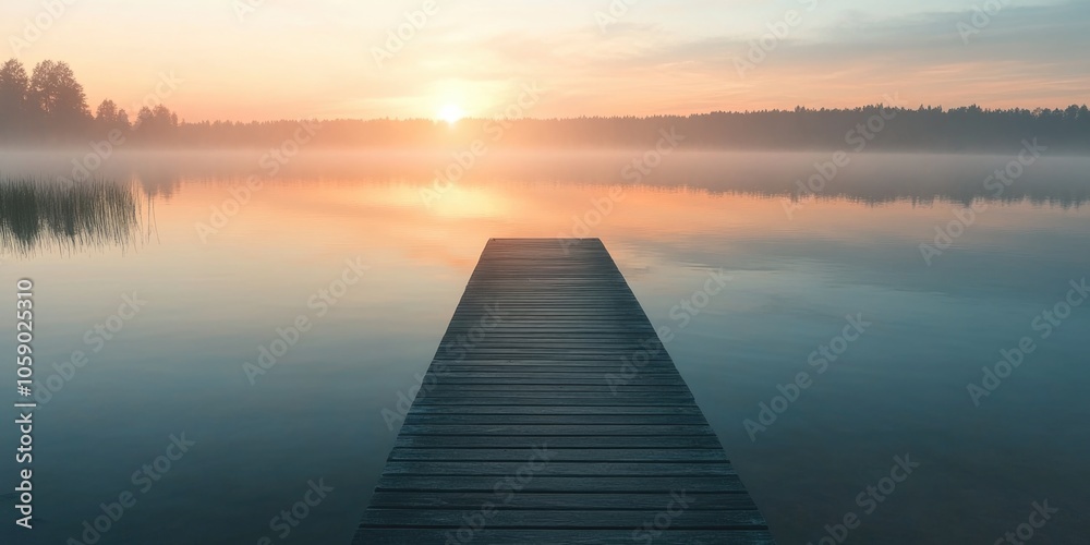 Fototapeta premium Peaceful scene with a wooden dock leading to a lake at sunset. A calm environment with mist rising from the water. Ideal setting for relaxation or photography.