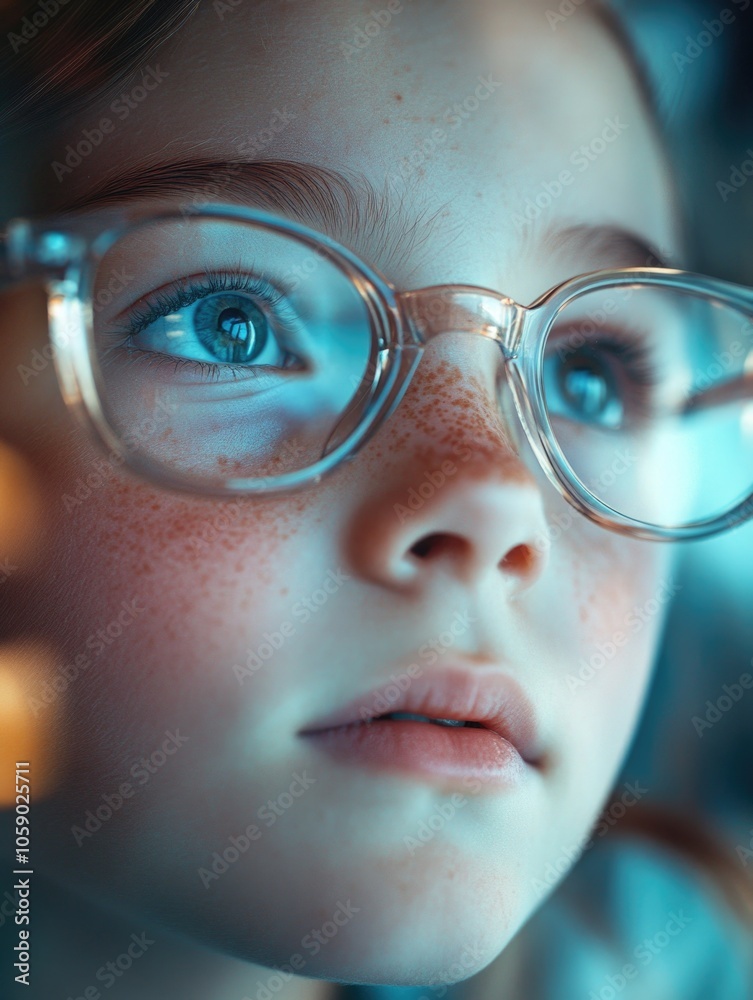 Caucasian girl, wearing glasses looking upwards Caucasian girl, wearing glasses looking upwards