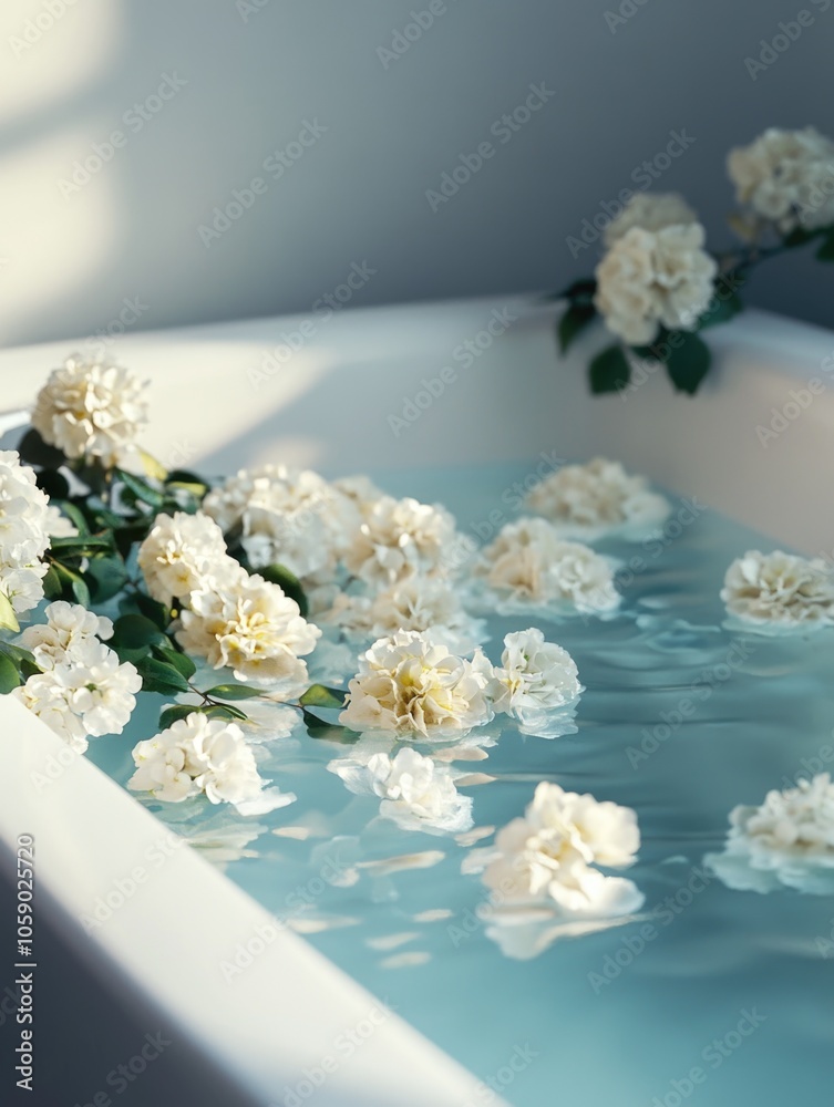 White flowers floating in a tranquil bath, evoking serenity and relaxation. Ideal for spa treatments or calming baths. White flowers floating in a tranquil bath, evoking serenity and relaxation. Ideal for spa treatments or calming baths.