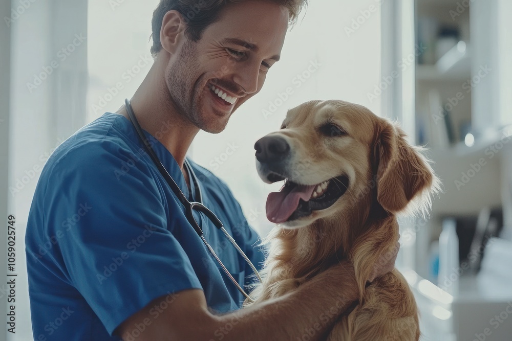 A male veterinarian in a blue nurse uniform stands holding a cute golden retriever and looking at each other, both smiling with happiness and joy behind the clinic room. A male veterinarian in a blue nurse uniform stands holding a cute golden retriever and looking at each other, both smiling with happiness and joy behind the clinic room.
