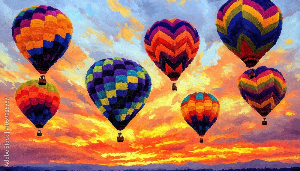 Fototapeta premium A vibrant sunset scene featuring colorful hot air balloons soaring against a dramatic sky.