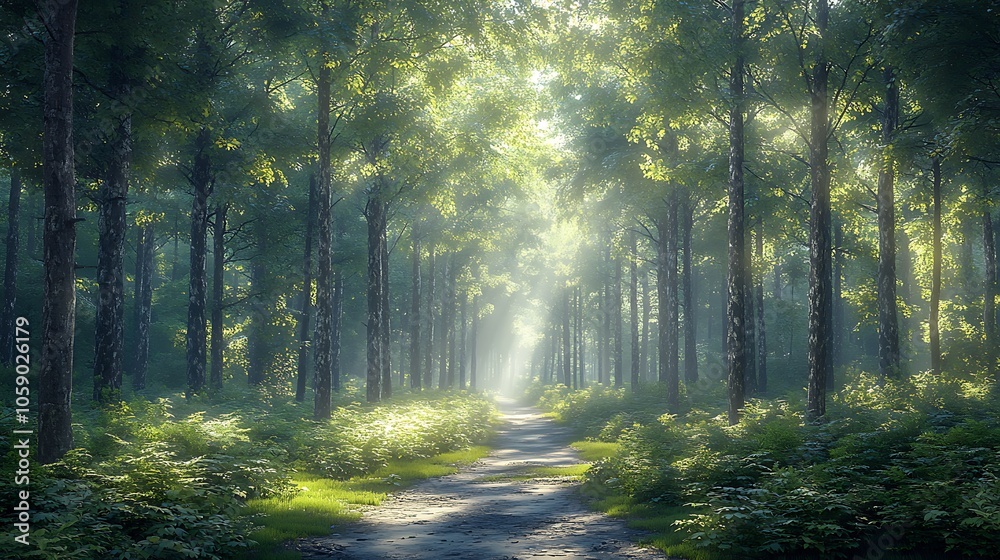 Obraz premium A path through a lush forest, sunlight streaming through the trees, creating a magical atmosphere.