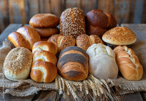 Assortment of Freshly Baked Breads on Rustic Wooden Tabletop