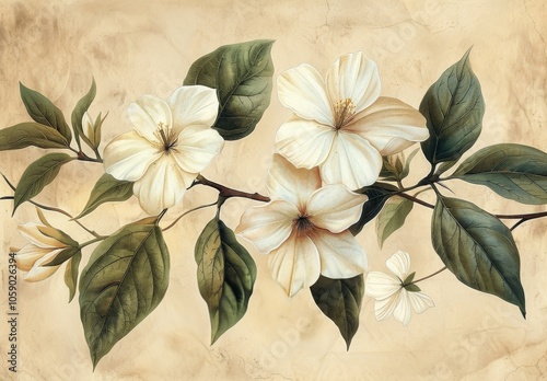 White Magnolia Flowers Blooming on Branch With Green Leaves Against Beige Bac...