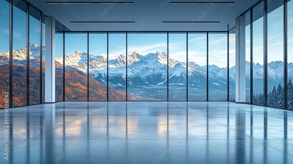 Snowy Mountain Landscape Featuring High Peaks, Platform, Road, and Parking Area on Brick Surface for Automotive Advertisement with Blank Background Snowy Mountain Landscape Featuring High Peaks, Platform, Road, and Parking Area on Brick Surface for Automotive Advertisement with Blank Background