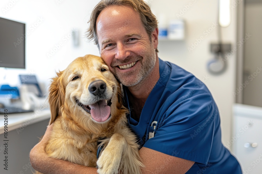 A male veterinarian in a blue nurse uniform stands holding a cute golden retriever and looking at each other, both smiling with happiness and joy behind the clinic room. A male veterinarian in a blue nurse uniform stands holding a cute golden retriever and looking at each other, both smiling with happiness and joy behind the clinic room.