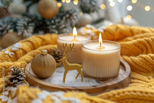 Golden Christmas Decorations and Candles on Wooden Tray