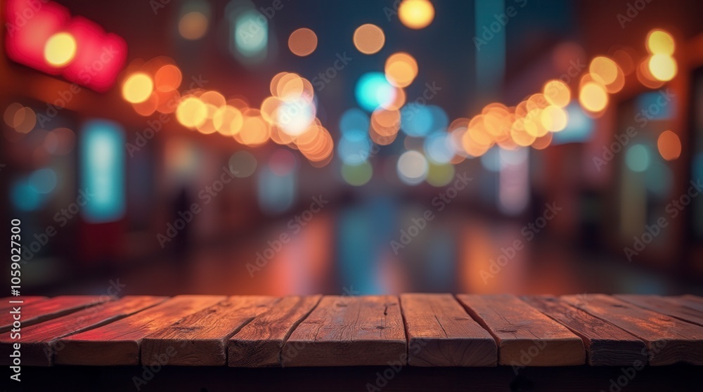 Empty Wooden Table with Neon Light and Blurred Bokeh Night Background Ideal for Product Display Empty Wooden Table with Neon Light and Blurred Bokeh Night Background Ideal for Product Display