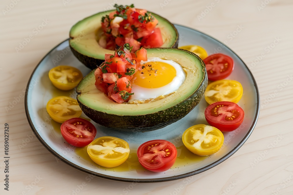 a baked egg inside a sliced avocado