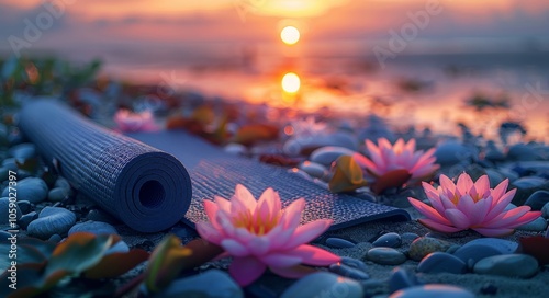 Rolled Yoga Mat and Pink Lotus Flowers on Beach at Sunset
