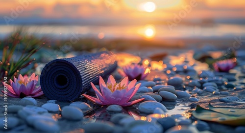 Rolled Yoga Mat and Pink Lotus Flowers on Beach at Sunset