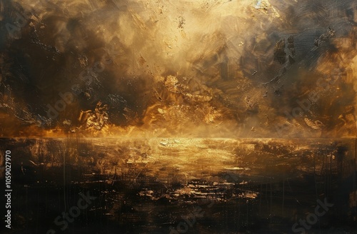 Golden Hour Sunset Over Ocean Horizon in Abstract Painting