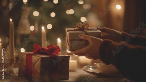 Close-up of hands holding a wrapped gift in front of a Christmas tree. photo