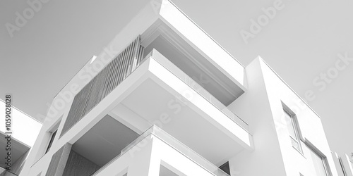 Contemporary architecture with geometric design, glass balconies and flat roof.