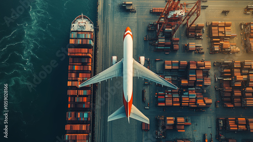 Cargo plane soaring over a bustling port filled with colorful containers photo