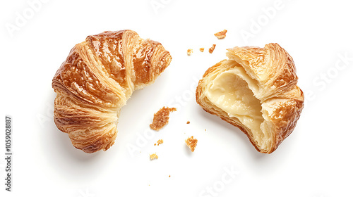 Artfully arranged butter croissant with bitten piece, showcasing flaky layers and creamy filling