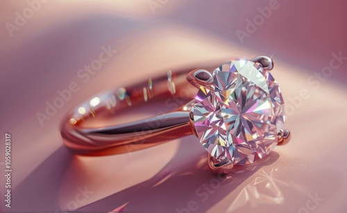Close Up of Diamond Engagement Ring on Pink Surface