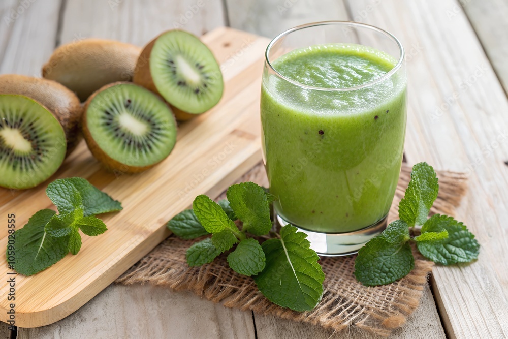 Fresh green kiwi juice in a glass with kiwi slices and mint leaves on a rustic wooden surface. Healthy and refreshing drink perfect for summer, full of vitamins and nutrients. Fresh green kiwi juice in a glass with kiwi slices and mint leaves on a rustic wooden surface. Healthy and refreshing drink perfect for summer, full of vitamins and nutrients.