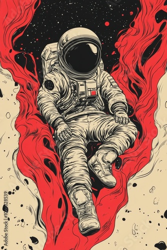 Astronaut floating gracefully among abstract red and black swirls in outer space