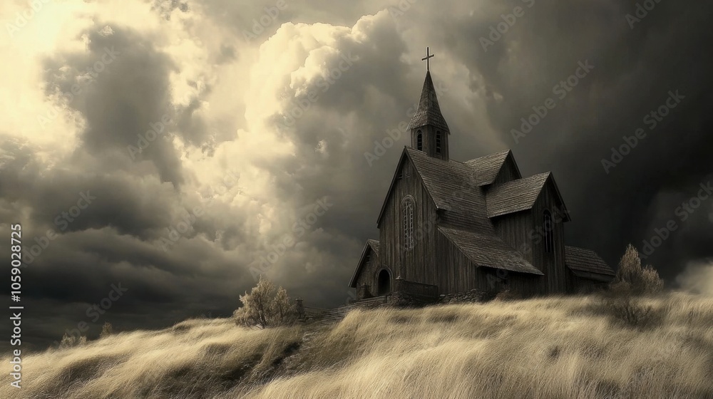 Dark Stormy Sky Over Abandoned Church Landscape