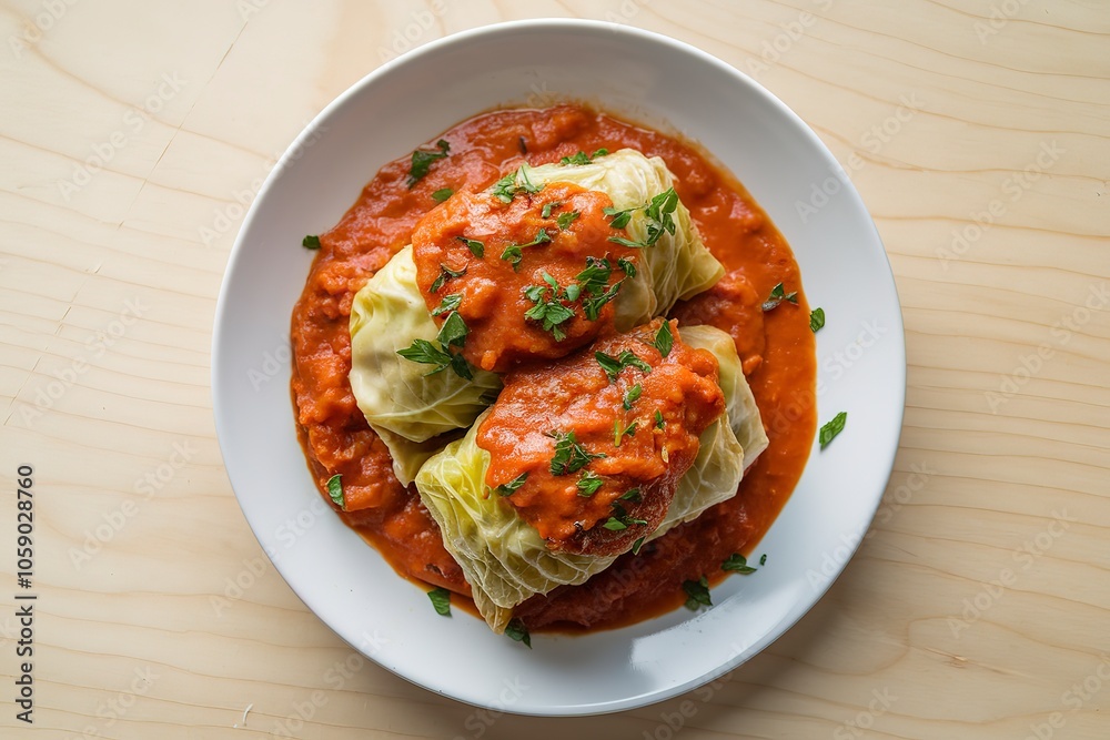 A photo of a white plate containing stuffed cabbage rolls A photo of a white plate containing stuffed cabbage rolls