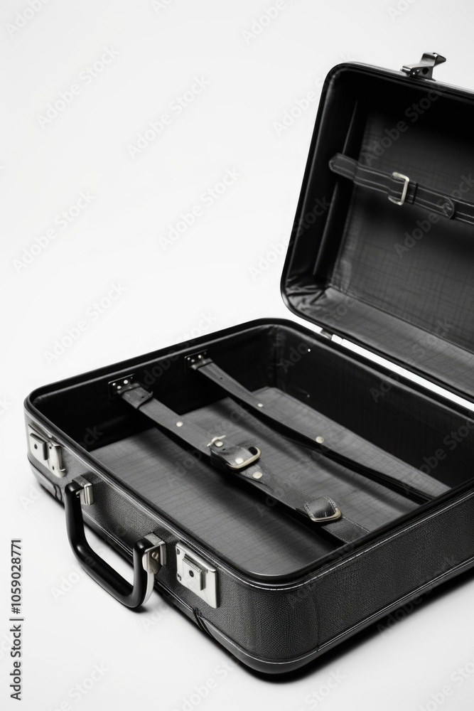 This is an empty black leather briefcase with a handle and latches. It is suitable for carrying documents or other business items securely during travel. This is an empty black leather briefcase with a handle and latches. It is suitable for carrying documents or other business items securely during travel.