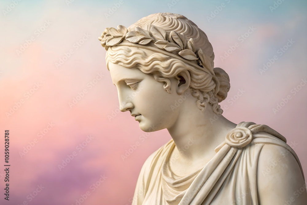 Marble statue of a classical woman in profile with serene expression, set against a pastel gradient background. Ideal for copy space in art or cultural themes. Marble statue of a classical woman in profile with serene expression, set against a pastel gradient background. Ideal for copy space in art or cultural themes.