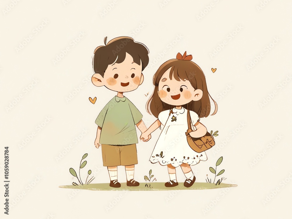 Cute Cartoon Illustration of Two Children Holding Hands Cute Cartoon Illustration of Two Children Holding Hands