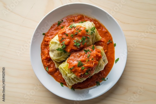 A photo of a white plate containing stuffed cabbage rolls