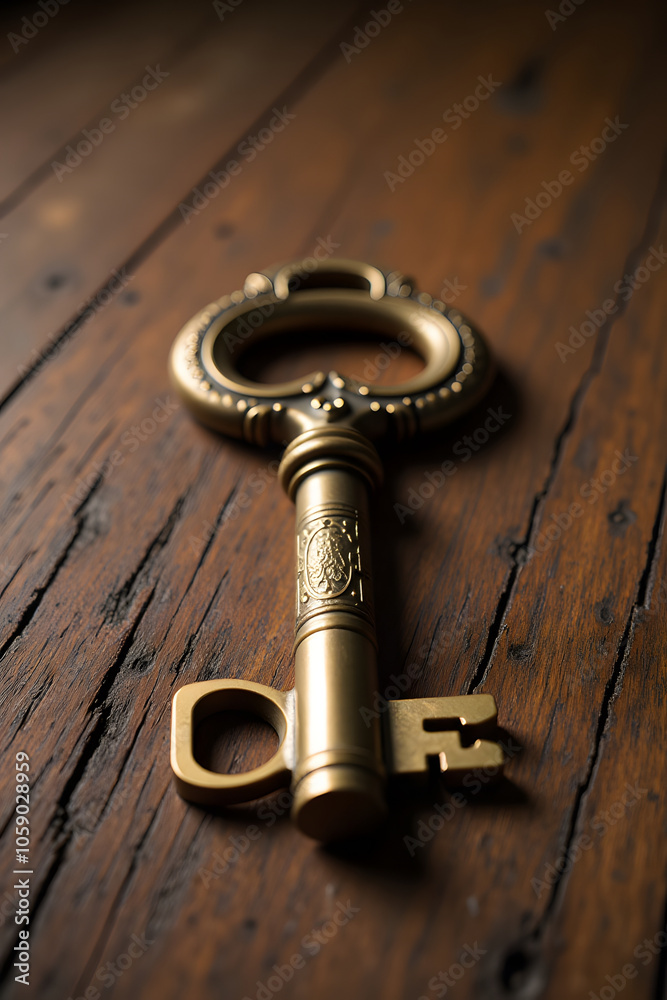 Antique brass skeleton key on rustic wooden surface with intricate details Antique brass skeleton key on rustic wooden surface with intricate details