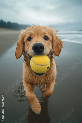 Golden retriever runs happily on the beach with a tennis ball in its mouth