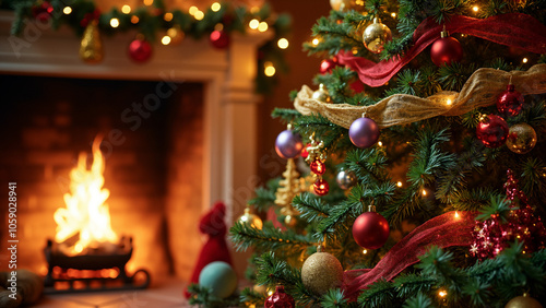 Enchanting Christmas Tree by Cozy Fireplace: Perfect for Holiday Marketing, Cards, and Festive Campaigns photo