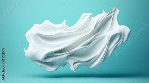 Abstract white fluid shape with smooth, flowing curves on a turquoise background, resembling a creamy texture or fabric-like form suspended in mid-air.