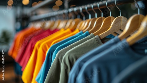 Colorful T-Shirts Hanging on Wooden Hangers in a Retail Store