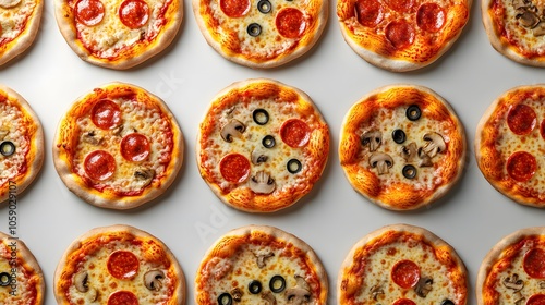 A pattern of realistic pizzas with different toppings