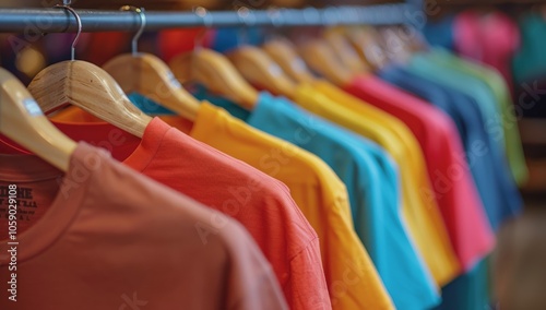 Colorful T-Shirts Hanging on Wooden Hangers in a Retail Store