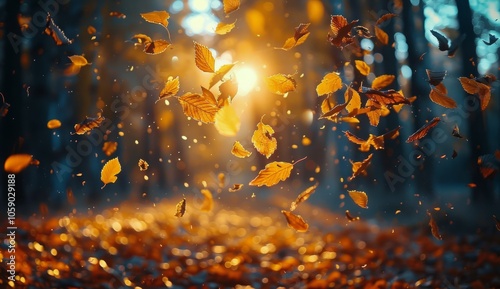 Autumn Leaves Falling in a Forest at Sunset
