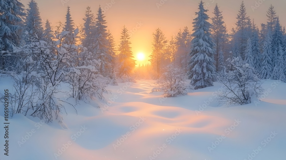 A serene winter landscape with soft snow-covered hills and tall evergreen trees, bathed in the warm glow of a sunrise, creating a tranquil and ethereal atmosphere. A serene winter landscape with soft snow-covered hills and tall evergreen trees, bathed in the warm glow of a sunrise, creating a tranquil and ethereal atmosphere.