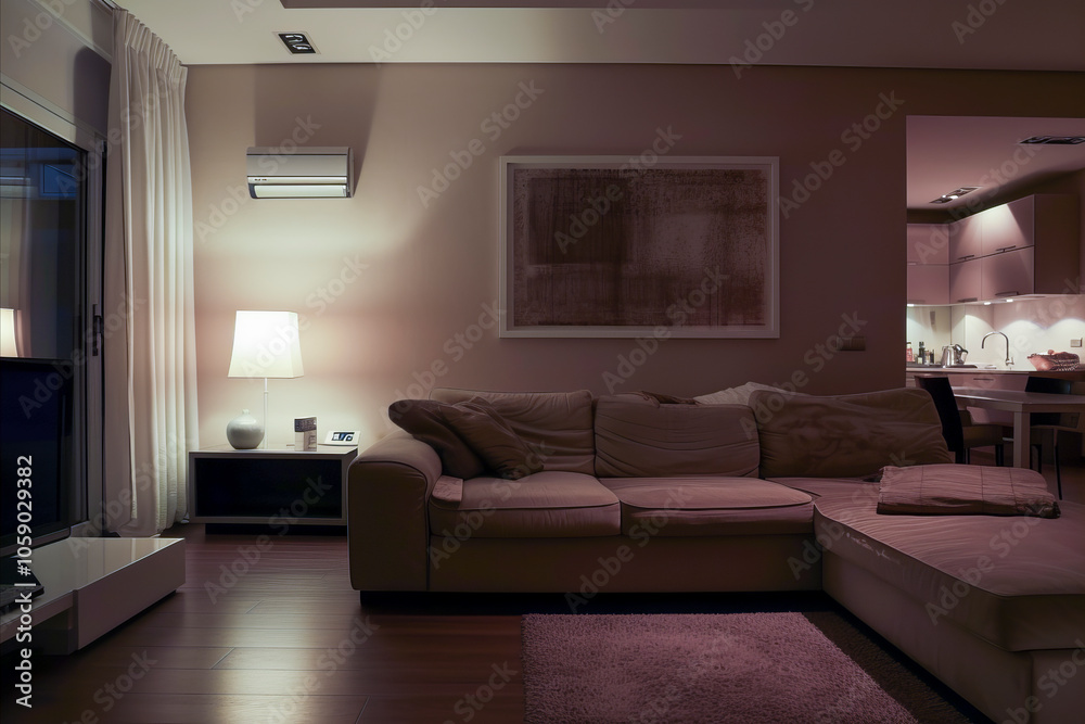 Modern Living Room with Neutral Tones and Soft Lighting in a Cozy Apartment Setting Modern Living Room with Neutral Tones and Soft Lighting in a Cozy Apartment Setting