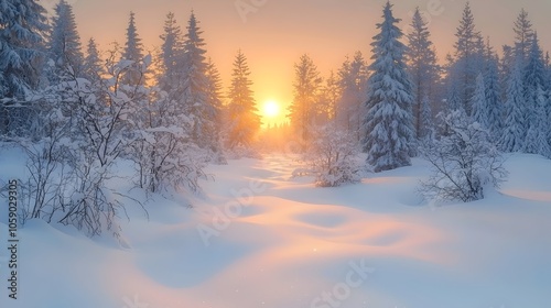 A serene winter landscape with soft snow-covered hills and tall evergreen trees, bathed in the warm glow of a sunrise, creating a tranquil and ethereal atmosphere.