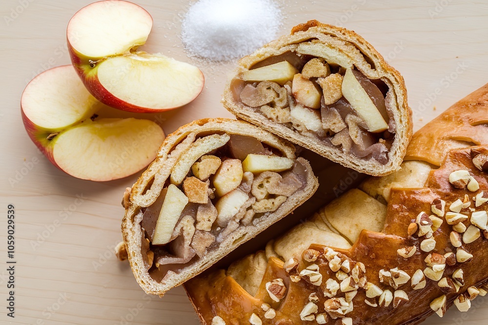 a sliced apple strudel with a cooked apple and nut filling a sliced apple strudel with a cooked apple and nut filling