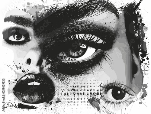Close up of a woman's face with her eyes closed. The eyes are open and staring at the camera. The woman's face is covered in black and white paint, giving it a dramatic and artistic look