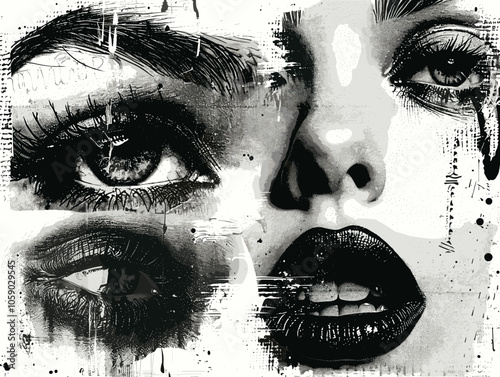 Woman's face with her eyes closed and lips parted. The image is a black and white drawing of a woman's face