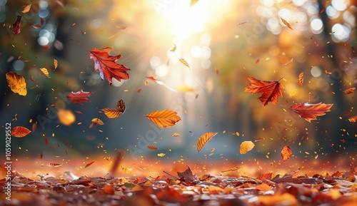 Autumn Leaves Falling in a Forest at Sunset