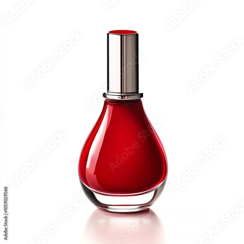 Stylish red nail polish in an elegant glass bottle, isolated on white background.