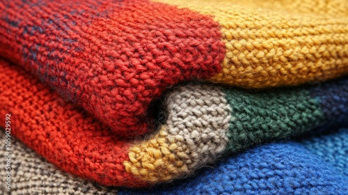 Closeup of colorful knitted blanket with red, yellow, and blue stripes.
