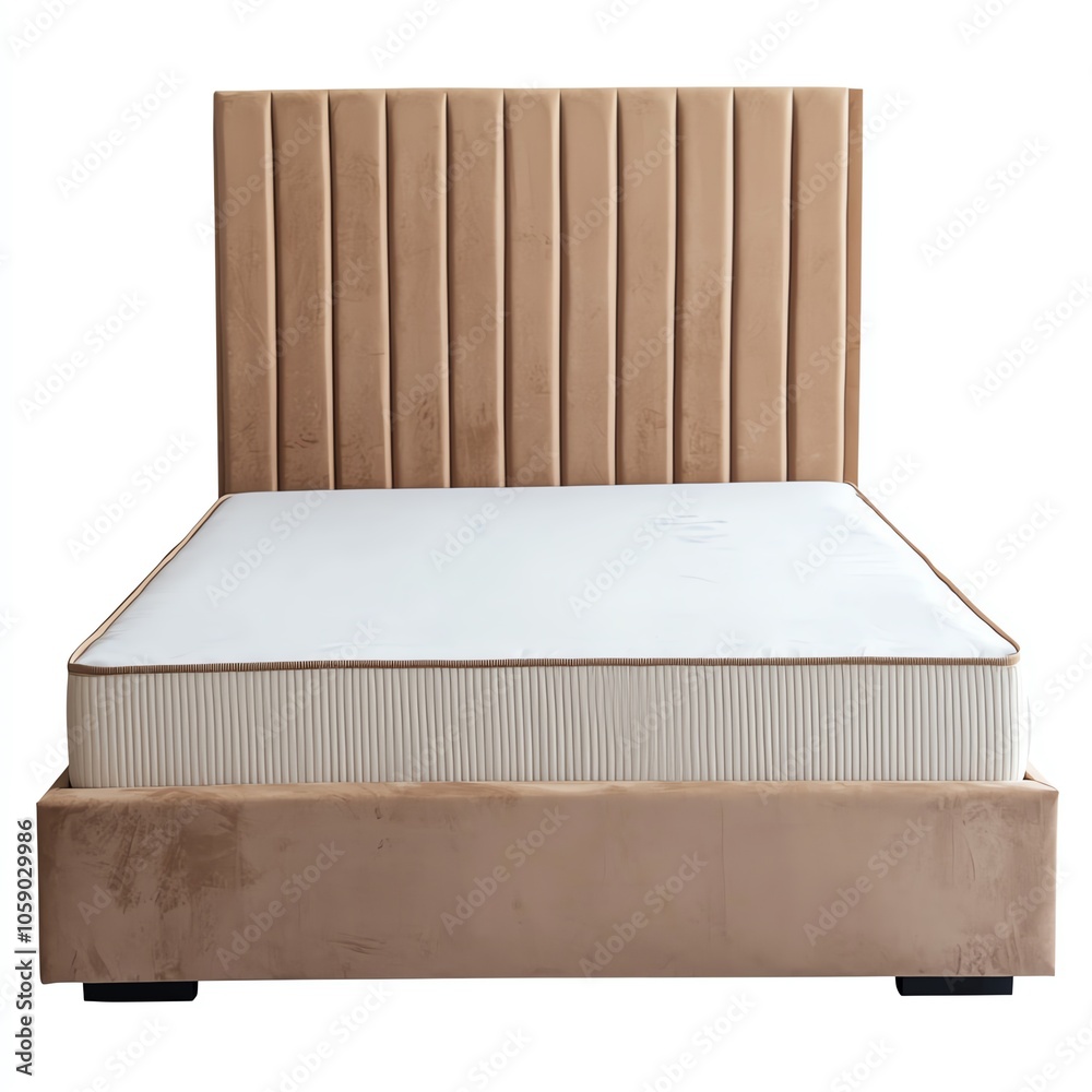 Stylish modern bed with a soft velvet headboard and a comfortable mattress, perfect for any bedroom decor. Stylish modern bed with a soft velvet headboard and a comfortable mattress, perfect for any bedroom decor.