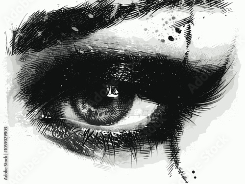 Close up of a woman's eye with a black and white background. The eye is drawn with a lot of detail, including the eyelashes and the iris. Scene is one of mystery and intrigue