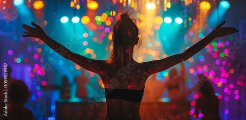 Woman Dancing In Front of Colorful Stage Lights at Night